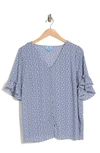 Cece Double Flutter Sleeve Button Front Blouse In Denim Blue/ White
