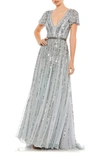 Mac Duggal Stripe Sequin V-neck Gown In Gray