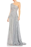 Mac Duggal Embellished One Shoulder A Line Gown In Platinum