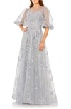 Mac Duggal Embroidered Illusion High Neck Puff Sleeve A Line In Sterling