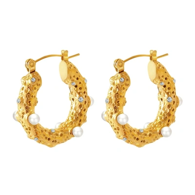 Akalia Waterproof Gold Plated Show Me Pearls Hoop Earrings With Cubic Zirconia