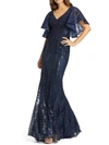 Mac Duggal Sequin Flutter Sleeve Evening Gown In Blue