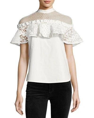 Self-portrait Hudson Ruffled Lace-panel Cotton Top In White