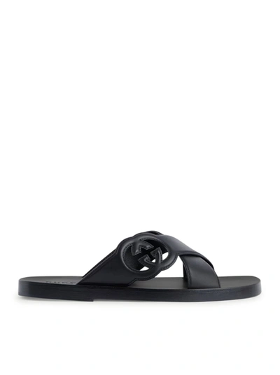 Gucci "crossover Gg" Slide Sandals In Black