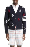 Thom Browne 4-bar Anchor Print Cardigan In Navy