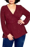 City Chic Bling Flirt Embellished Wrap Blouse In Ruby
