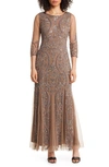 PISARRO NIGHTS SEQUIN BEADED ILLUSION MESH THREE-QUARTER SLEEVE GOWN