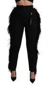 Dolce & Gabbana Black Feather Straight High Waist Wool Pants In Black