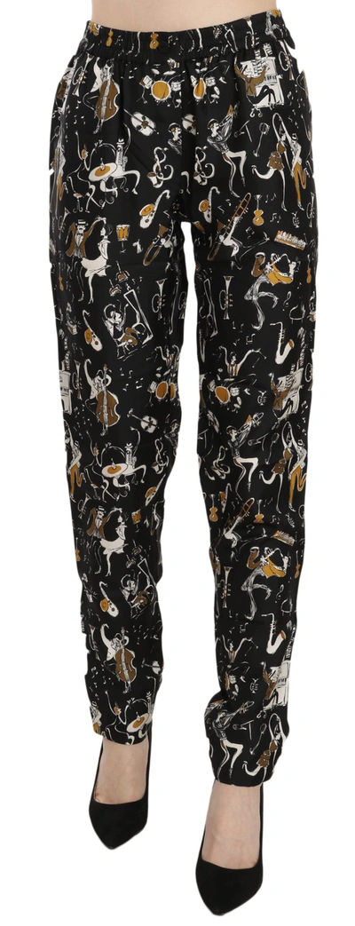 Dolce & Gabbana Black Jazz Club Print High Waist Tapered Trousers