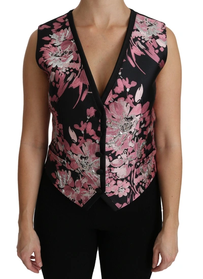 Dolce & Gabbana Black Pink Floral Waistcoat Waistcoat Blouse Top