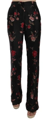 Dolce & Gabbana Floral Print Black Boot Cut Trouser Pants In Black
