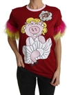 Dolce & Gabbana Red Pig Print Feather Sleeves T-shirt Top In Red