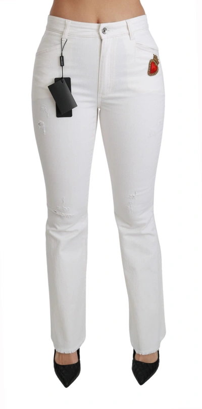 Dolce & Gabbana White Heart Flared Stretch Cotton Trousers