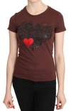 EXTE EXTE CHIC BROWN HEARTS PRINTED SHORT SLEEVE WOMEN'S TOP