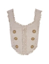 Balmain Beige Crop Top In Linen And Silk With Fringes In Brown