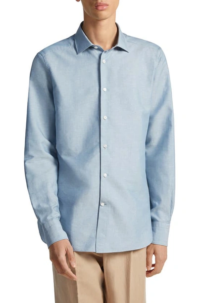 Zegna Crossover Cotton, Linen & Silk Button-up Shirt In Light Blue