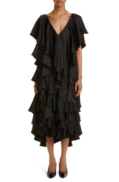 Interior Jane Plunging Tiered Ruffle Ankle Gown In Midnight