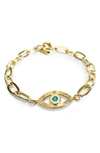 LIZA SCHWARTZ CUBIC ZIRCONIA EVIL EYE PAPER CLIP CHAIN BRACELET