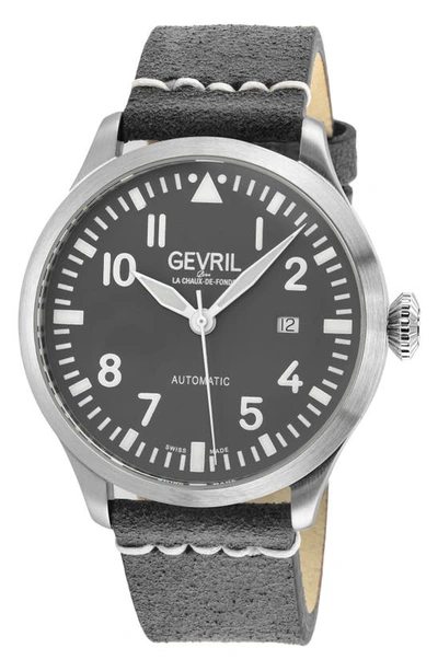 GEVRIL GEVRIL VAUGHN AUTOMATIC LEATHER STRAP WATCH, 44MM