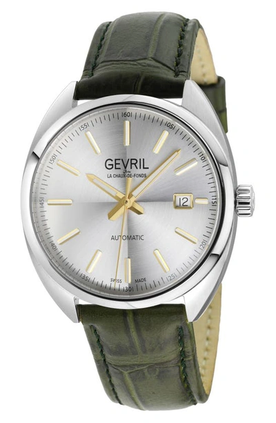 Gevril Five Points Swiss Automatic Croc Embossed Leather Strap Watch, 40mm In Green