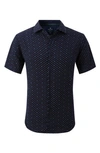Tom Baine Anchor Print Slim Fit Short Sleeve Performance Stretch Button-up Shirt In Navy Blue
