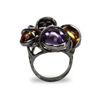 Gucci White Gold Plated Citrine And Amethyst Cocktail Ring