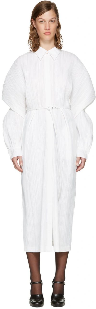 Jil Sander Puffed Sleeve Plisse Cotton Blend Dress In White