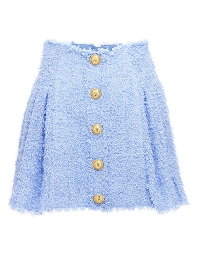 Balmain Tweed Buttoned Mini Skirt In Light Blue