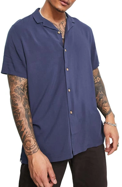 Asos Design Relaxed Viscose Shirt With Revere Collar In Navy