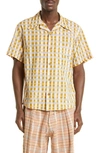 STORY MFG. SHORE BLOCK PRINT CHECK SHORT SLEEVE ORGANIC COTTON BUTTON-UP CAMP SHIRT