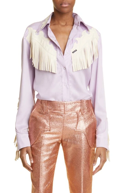 Tom Ford Leather-trimmed Western Shirt In Lilac & Chalk