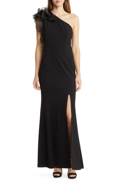 Marina Ruffle One-shoulder Crepe Gown In Black