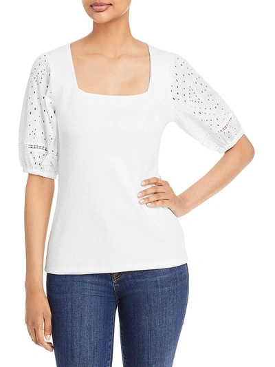 Single Thread Womens Eyelet Ribbed Knit Blouse In White