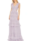Mac Duggal Sequined Ruffled Cap Sleeve Cut Out Tiered Gown In Purple