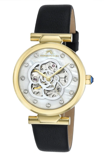 Porsamo Bleu Laura Women's Automatic Watch With Mother Of Pearl Dial, 1211blal In Black / Gold / Gold Tone / Mother Of Pearl / Skeleton / White / Yellow