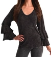 Angel Stone Wash Bell Sleeve Top In Charcoal In Grey