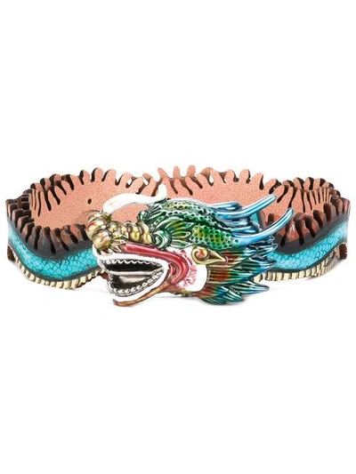 Gucci Leather Belt With Dragon Buckle, Multicolor In Multicolored Leather