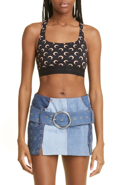 Marine Serre Crescent Moon-print Crop Top In All Over Moon Tan On Black