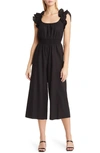 Vince Camuto Ruffle Shoulder Linen Blend Crop Jumpsuit In Black