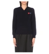 Comme Des Garçons Play Double Emblem V Neck Sweater In Navy