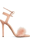 CHARLOTTE OLYMPIA SALSA FEATHER-TRIMMED SUEDE SANDALS