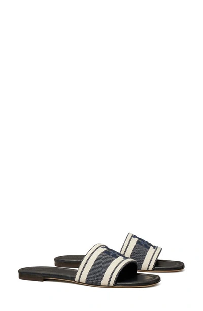 Tory Burch Double T Jacquard Slide Sandals In New Cream/black/gold