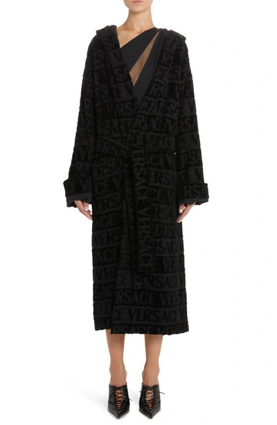 Versace Logo-print Hooded Dressing Gown In Black