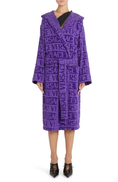 Versace Logo-print Hooded Robe In 1l540 - Purple