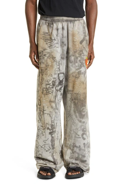 Balenciaga Graffiti Crest Cotton Track Pants In Grey