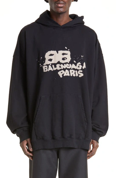 Balenciaga Dirty Oversize Bb Logo Cotton Hoodie In Ecru Black