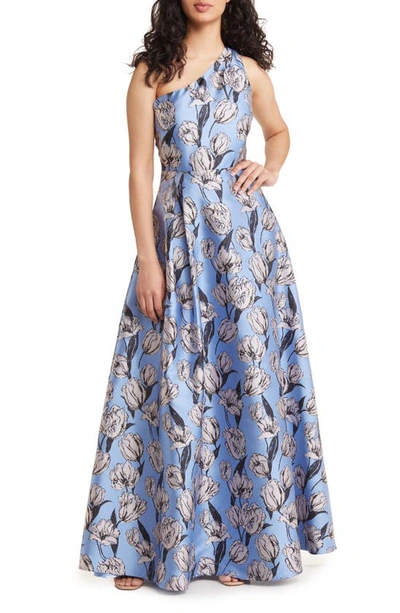 Lulus Exquisite Elegance Floral Jacquard A-line Gown In Blue Jacquard