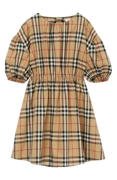 Burberry Kids' Girl's Shelley Check-print Puff Sleeve Dress In Archive Beige Ip