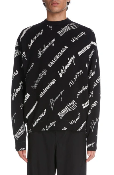 Balenciaga Wool-blend All-over Logo Sweater In Black And White
