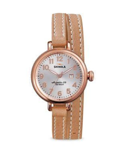 Shinola Birdy Rose Goldtone Pvd Stainless Steel & Leather Double-wrap Watch In Natural/rose Gold